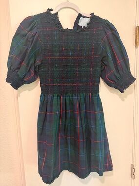 Hill House Smocked Tartan Dress in Green & Blue
